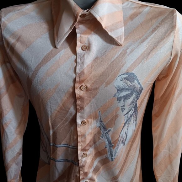 Vintage Men's Disco Shirt Large 1970s Salmon Pink Nautical Sexy Man Woman Print - Picture 2 of 10